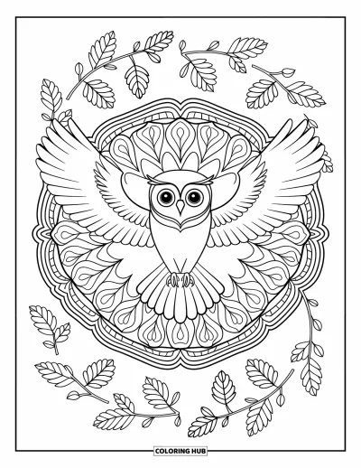 Coloriage d'animaux d'automne pour adultes : Une chouette aux ailes ouvertes dans un mandala rempli de motifs feuillés