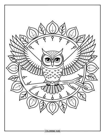 Coloriage d'animaux d'automne pour adultes : Une chouette aux ailes déployées dans un mandala automnal de feuilles et de branches
