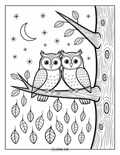 Coloriage d'animaux d'automne pour adultes : Deux chouettes blotties sur une branche sous une lune brillante et des feuilles qui dérivent