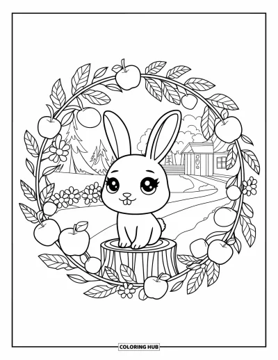 Coloriage d'animaux d'automne pour adultes : Un lapin sur un tronc entouré d'une couronne d'automne et d'un cottage forestier douillet