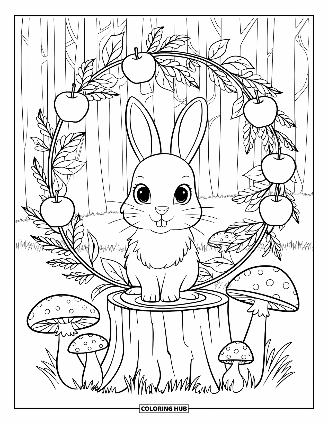 Fall Animal Coloring Page for Adults: Rabbit on a stump with mushrooms and a wreath of autumn branches