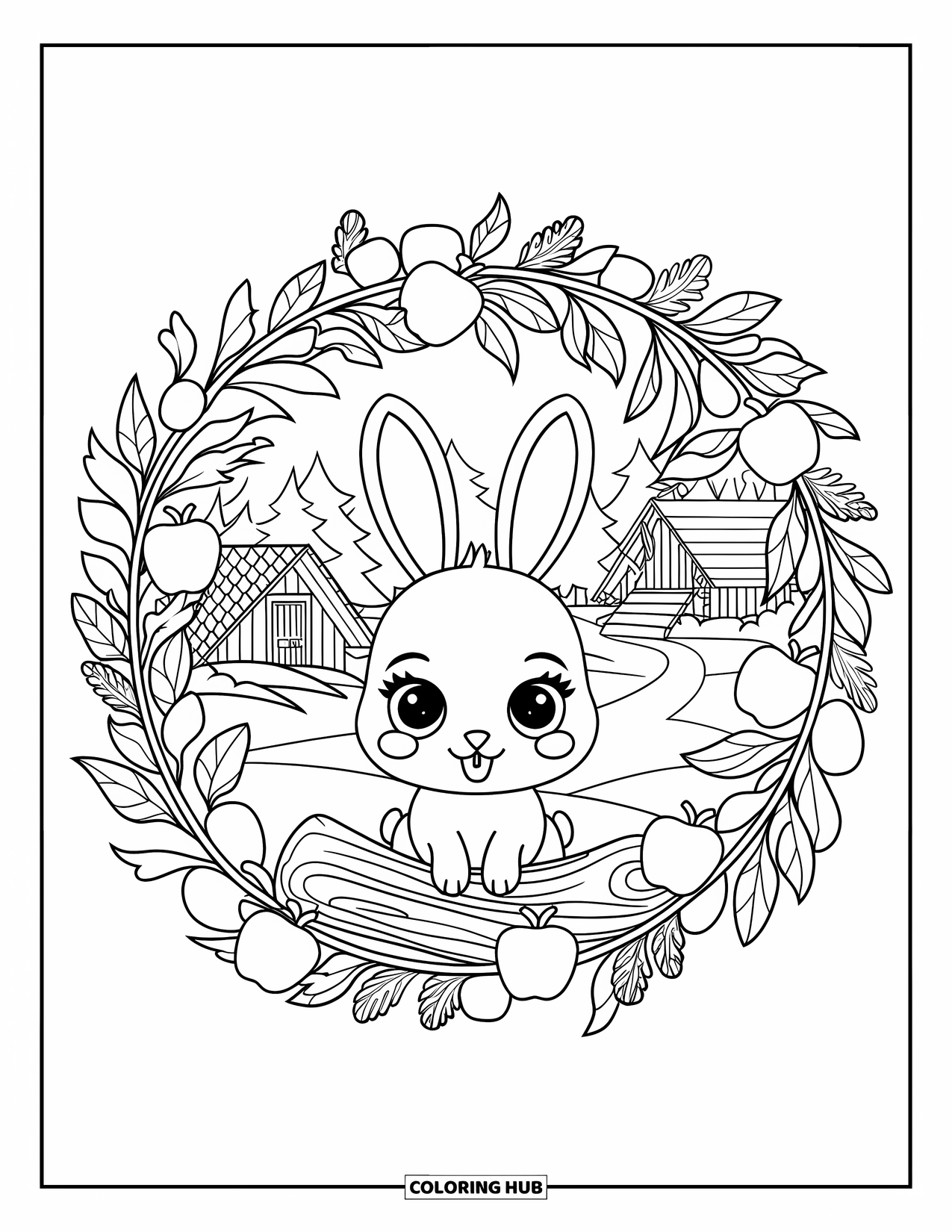 Fall Animal Coloring Page for Adults: Rabbit sits on a log framed by a wreath of branches, apples, and blossoms