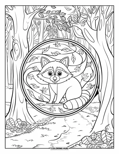 Coloriage d'animaux d'automne pour adultes : Un raton laveur encadré de feuilles en vitrail près d'un sentier forestier tranquille