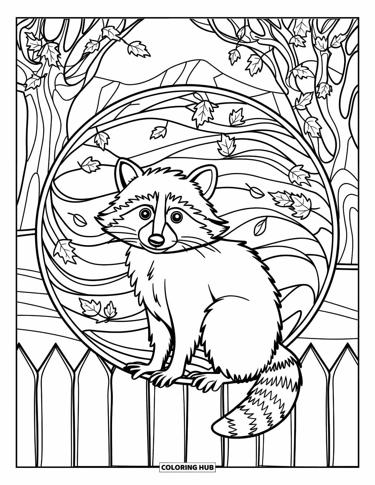 Fall Animal Coloring Page for Adults: Raccoon on a wooden fence inside a stained glass swirl of autumn leaves