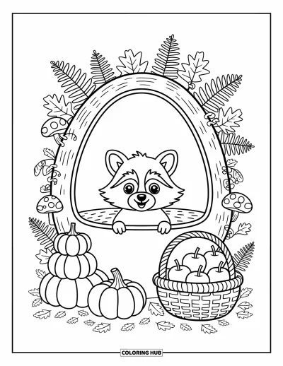 Coloriage d'animaux d'automne pour adultes : Un raton laveur qui passe la tête par un tronc creux entouré de fougères, de champignons et de pommes