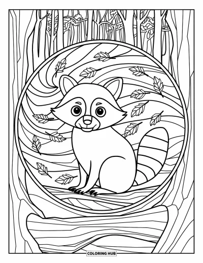 Coloriage d'animaux d'automne pour adultes : Un raton laveur perché sur une branche enveloppée de tourbillons de vent et de feuilles façon vitrail