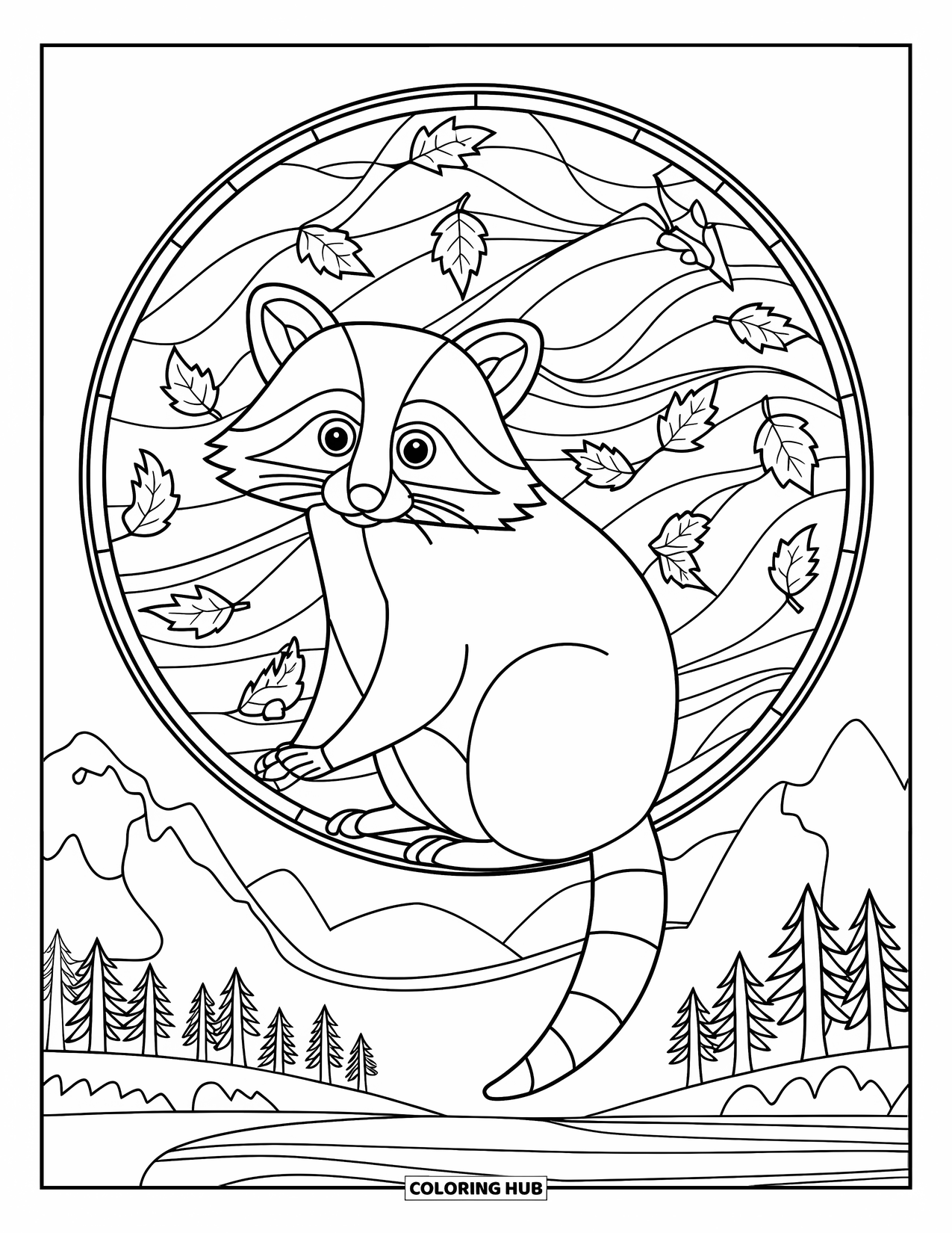 Fall Animal Coloring Page for Adults: Raccoon sits on a branch framed by swirling leaves in stained glass