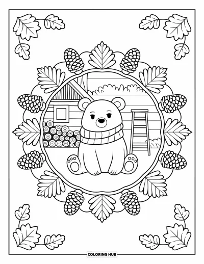 Coloriage d'animaux d'automne pour adultes : Un ours en écharpe près d'une cabane en rondins dans un mandala de feuilles