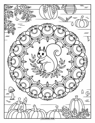 Coloriage d'animaux d'automne pour adultes : Un écureuil tenant une citrouille dans un mandala de champignons au cœur d'une forêt accueillante