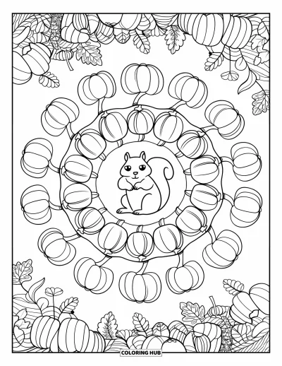 Coloriage d'animaux d'automne pour adultes : Un écureuil au cœur d'un mandala avec des citrouilles et des motifs forestiers