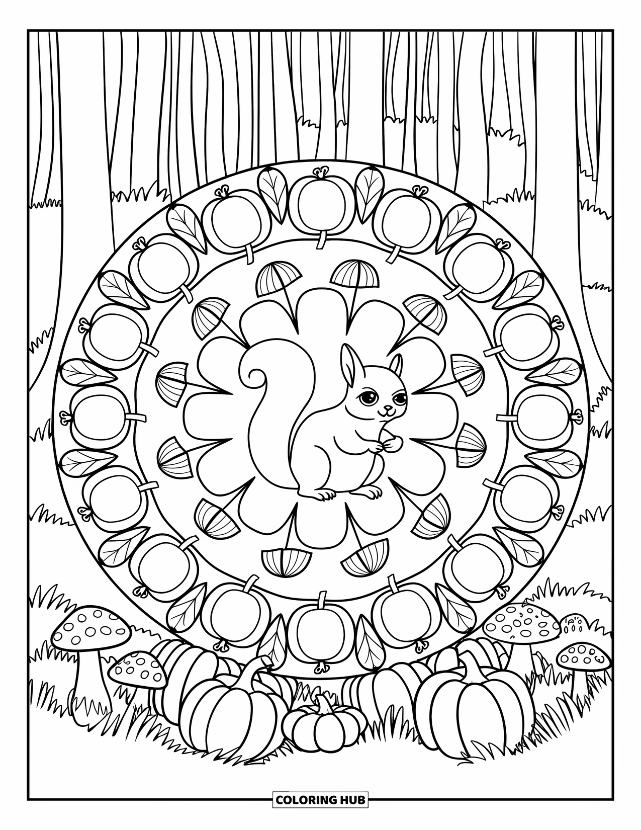 Fall Animal Coloring Page for Adults: Squirrel sits in the middle of a mandala filled with pumpkins and mushrooms