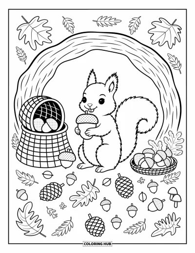 Coloriage d'animaux d'automne pour adultes : Un écureuil fier avec un grand gland près de paniers et de feuilles automnales