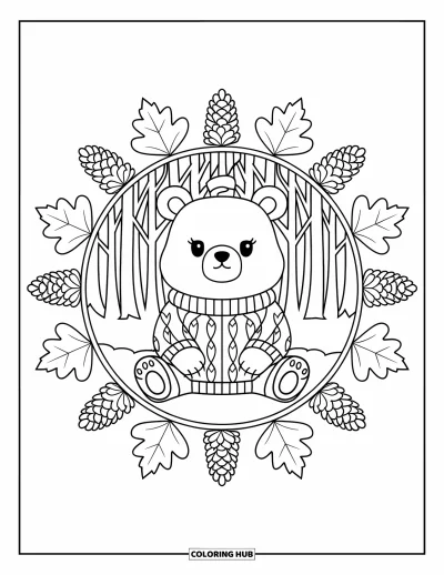 Coloriage d'animaux d'automne pour adultes : Un ours en pull installé paisiblement dans un mandala d'automne tout douillet