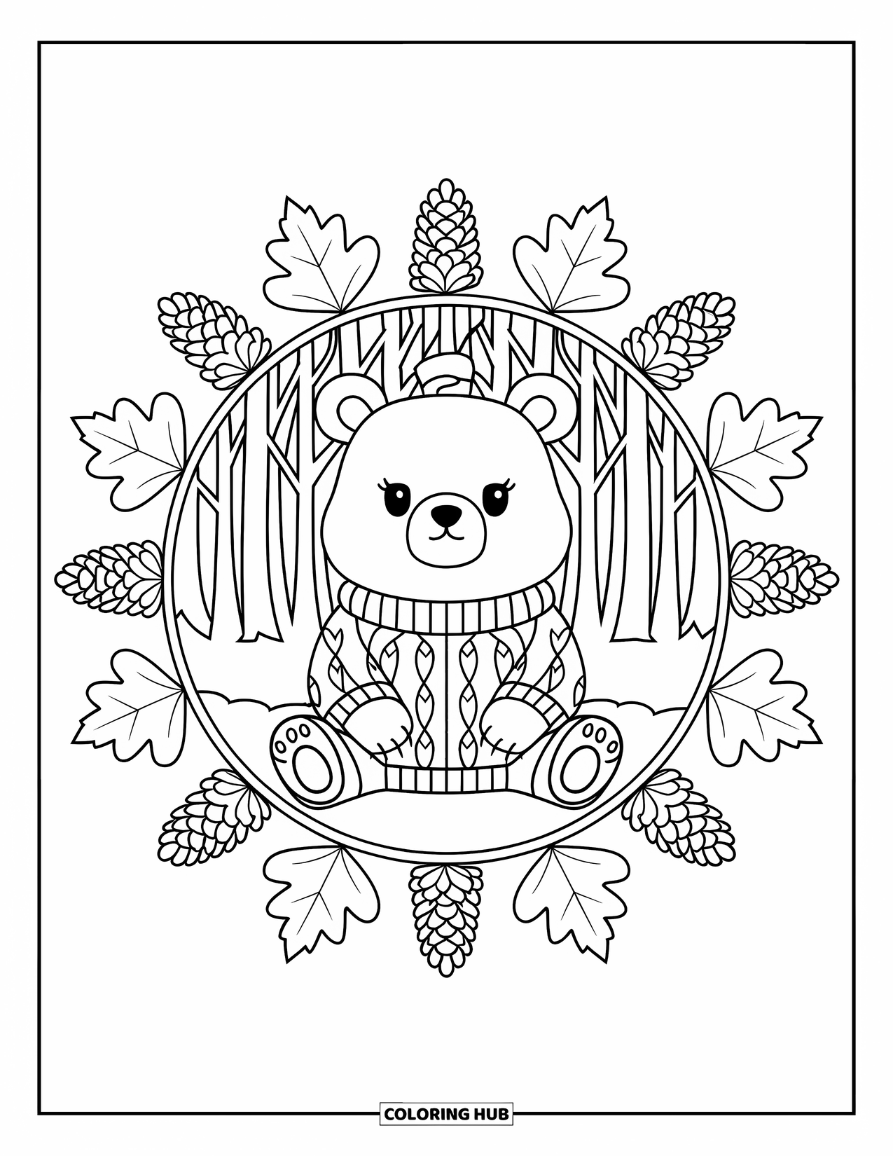 Fall Animal Coloring Page for Adults: Sweater-wearing bear sits peacefully inside a cozy fall mandala