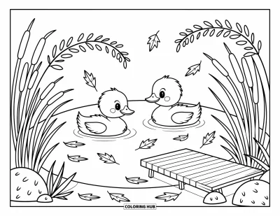 Coloriage d'animaux d'automne pour adultes : Deux canetons qui flottent tranquillement dans un étang avec des feuilles tombantes et des quenouilles