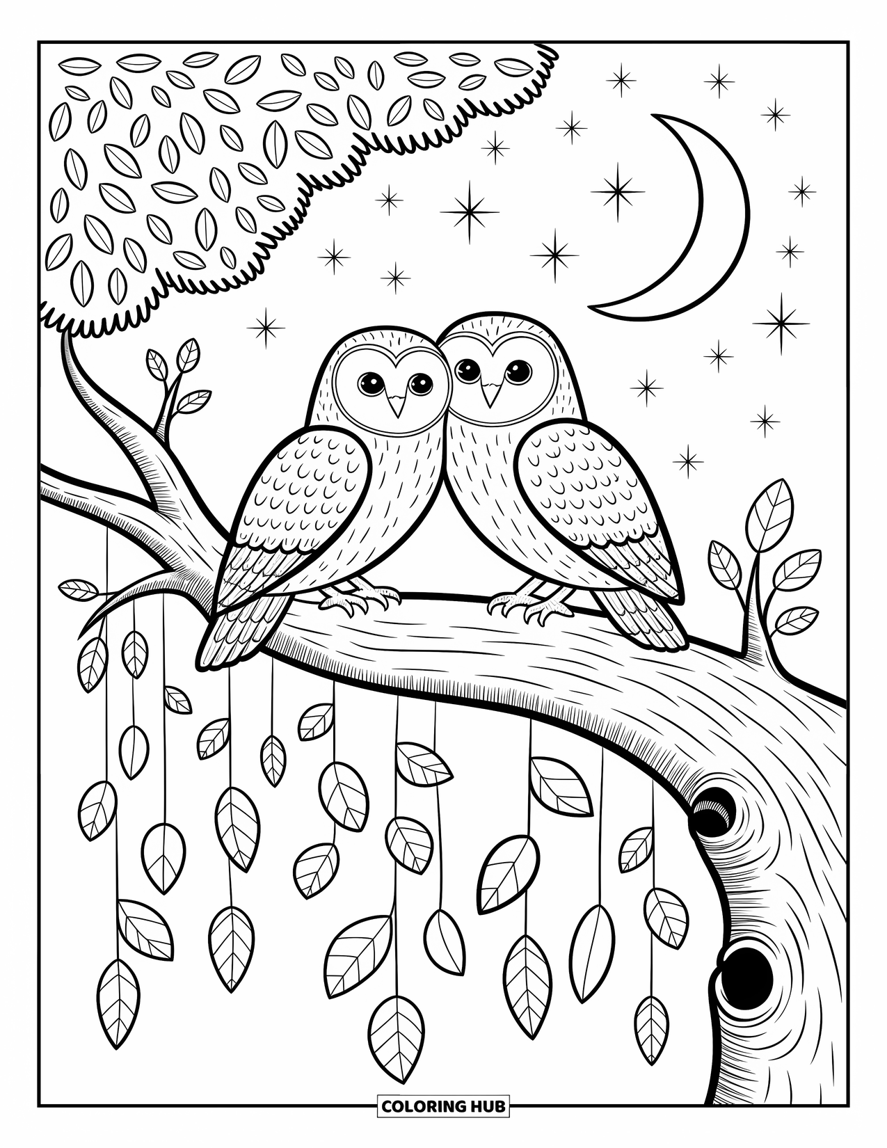 Fall Animal Coloring Page for Adults: Two owls perch on a tree branch under a starry night sky with a crescent moon