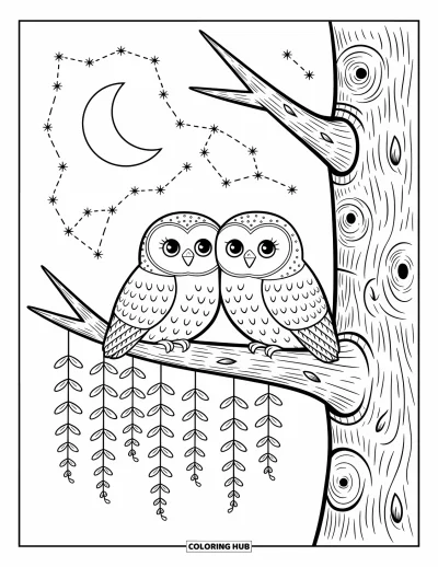Coloriage d'animaux d'automne pour adultes : Deux chouettes posées sur une solide branche avec des étoiles scintillantes et des feuilles tombantes
