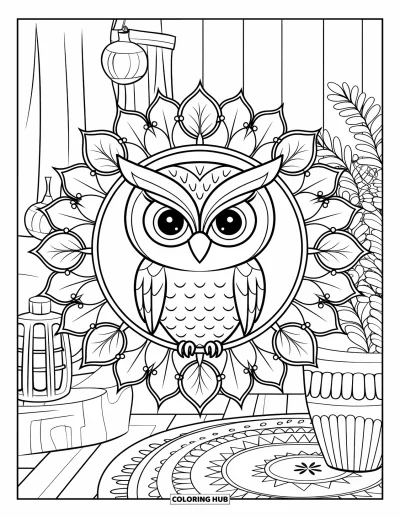 Coloriage d'animaux d'automne pour adultes : Une chouette aux grands yeux dans une pièce chaleureuse encadrée d'un mandala de feuilles d'automne