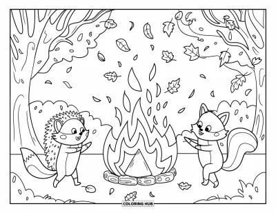 Coloriage d'animaux d'automne pour enfants : Des animaux qui dansent avec des feuilles tourbillonnantes près d'un feu de forêt