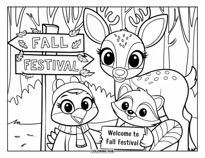 Coloriage d'animaux d'automne pour enfants : Des animaux accueillent les visiteurs avec des pancartes lors d'un festival forestier d'automne