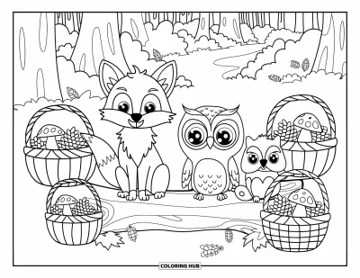 Coloriage d'animaux d'automne pour enfants : Des animaux assis sur un tronc avec des paniers dans les bois d'automne