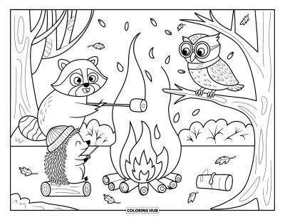 Coloriage d'animaux d'automne pour enfants : Des animaux qui grignotent ensemble près d'un feu sous les arbres d'automne