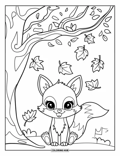 Coloriage d'animaux d'automne pour enfants : Un bébé renard assis sous un arbre avec des feuilles qui tombent