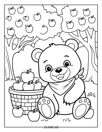 Coloriage d'animaux d'automne pour enfants : Un ours en bandana assis près d'un panier de pommes