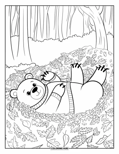 Coloriage d'animaux d'automne pour enfants : Un ours en pull allongé sur un tas de feuilles craquantes