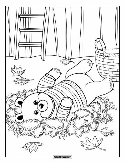Coloriage d'animaux d'automne pour enfants : Un ours rayé qui se repose dans un jardin feuillé et chaleureux
