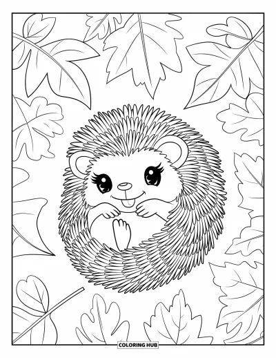 Coloriage d'animaux d'automne pour enfants : Un adorable hérisson qui fait la sieste sous de grandes feuilles colorées