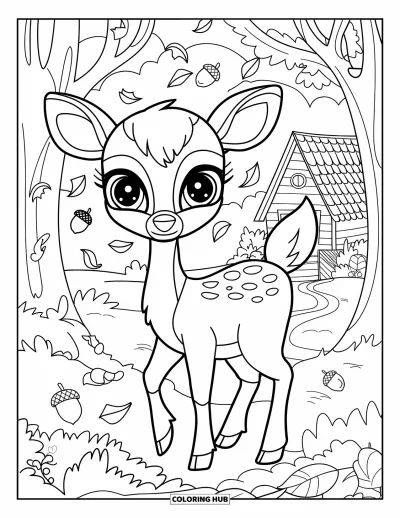 Coloriage d'animaux d'automne pour enfants : Un cerf près d'une cabane entouré de glands et d'arbres chaleureux