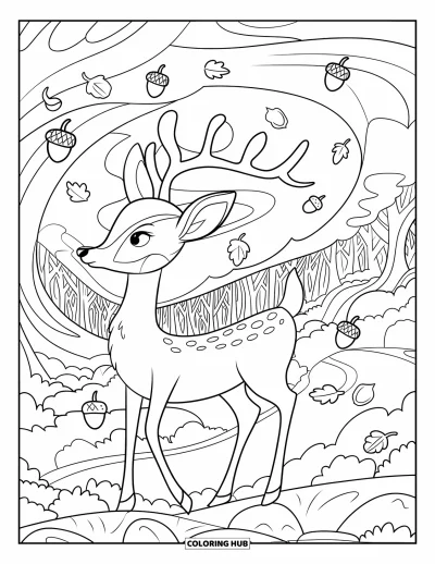 Coloriage d'animaux d'automne pour enfants : Un cerf sur un sol rocailleux avec du vent et des glands qui tourbillonnent