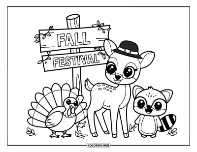 Coloriage d'animaux d'automne pour enfants : Un cerf, une dinde et un raton laveur debout près d'un panneau de festival d'automne