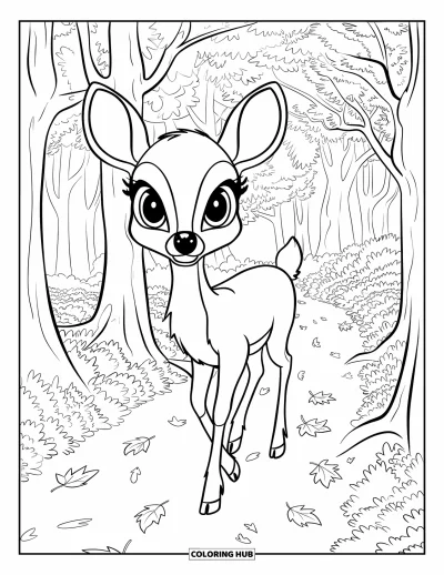 Coloriage d'animaux d'automne pour enfants : Un cerf qui marche sur un sentier parmi les feuilles craquantes