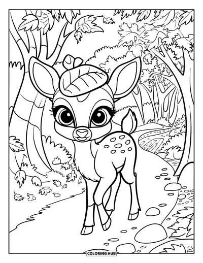 Coloriage d'animaux d'automne pour enfants : Un cerf coiffé d'une feuille qui marche parmi les rochers de la forêt