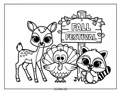 Coloriage d'animaux d'automne pour enfants : Un panneau de festival d'automne avec des animaux et des guirlandes de feuilles