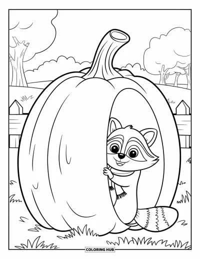 Coloriage d'animaux d'automne pour enfants : Un raton laveur tout doux en écharpe caché derrière une grande citrouille