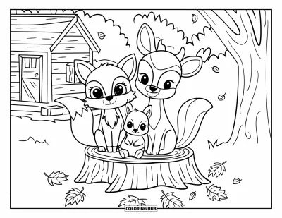 Coloriage d'animaux d'automne pour enfants : Un renard, un cerf et un écureuil se reposent près d'une cabane avec des arbres