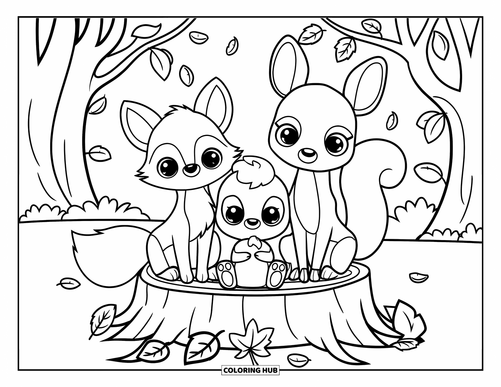 Fall Animal Coloring Page for Kids: Fox, deer, and squirrel sit on a stump with leaves