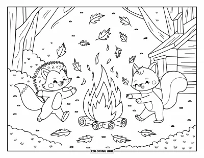 Coloriage d'animaux d'automne pour enfants : Un renard, un hérisson et un écureuil dansent autour d'un feu de joie d'automne