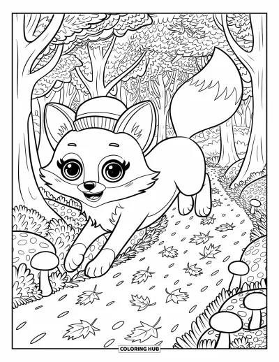 Coloriage d'animaux d'automne pour enfants : Un renard qui passe près de champignons sur un sentier feuillé
