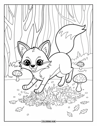 Coloriage d'animaux d'automne pour enfants : Un renard qui bondit parmi les feuilles et les champignons de la forêt