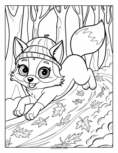Coloriage d'animaux d'automne pour enfants : Un renard qui bondit parmi les feuilles sur un chemin forestier