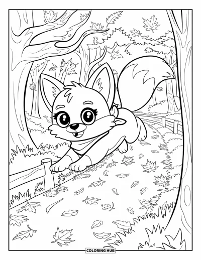 Coloriage d'animaux d'automne pour enfants : Un renard en écharpe qui bondit parmi les feuilles de la forêt