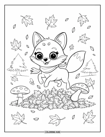 Coloriage d'animaux d'automne pour enfants : Un renard aux grands yeux expressifs qui bondit dans un coin feuillé