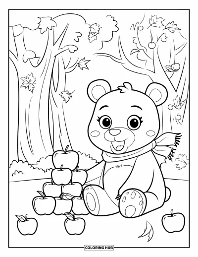 Coloriage d'animaux d'automne pour enfants : Un ours joyeux assis près d'une pile de pommes d'automne