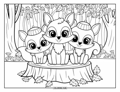 Coloriage d'animaux d'automne pour enfants : Des animaux coiffés de chapeaux assis sur un tronc avec des feuilles qui tombent