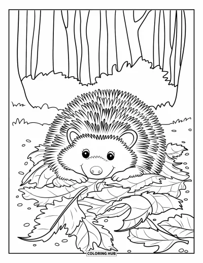 Coloriage d'animaux d'automne pour enfants : Un hérisson lové dans un tas de feuilles craquantes