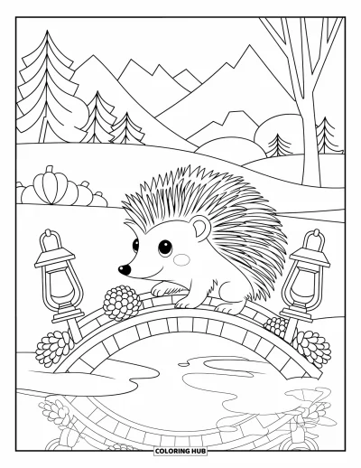 Coloriage d'animaux d'automne pour enfants : Un hérisson sur un pont dont le reflet se dessine dans l'eau calme